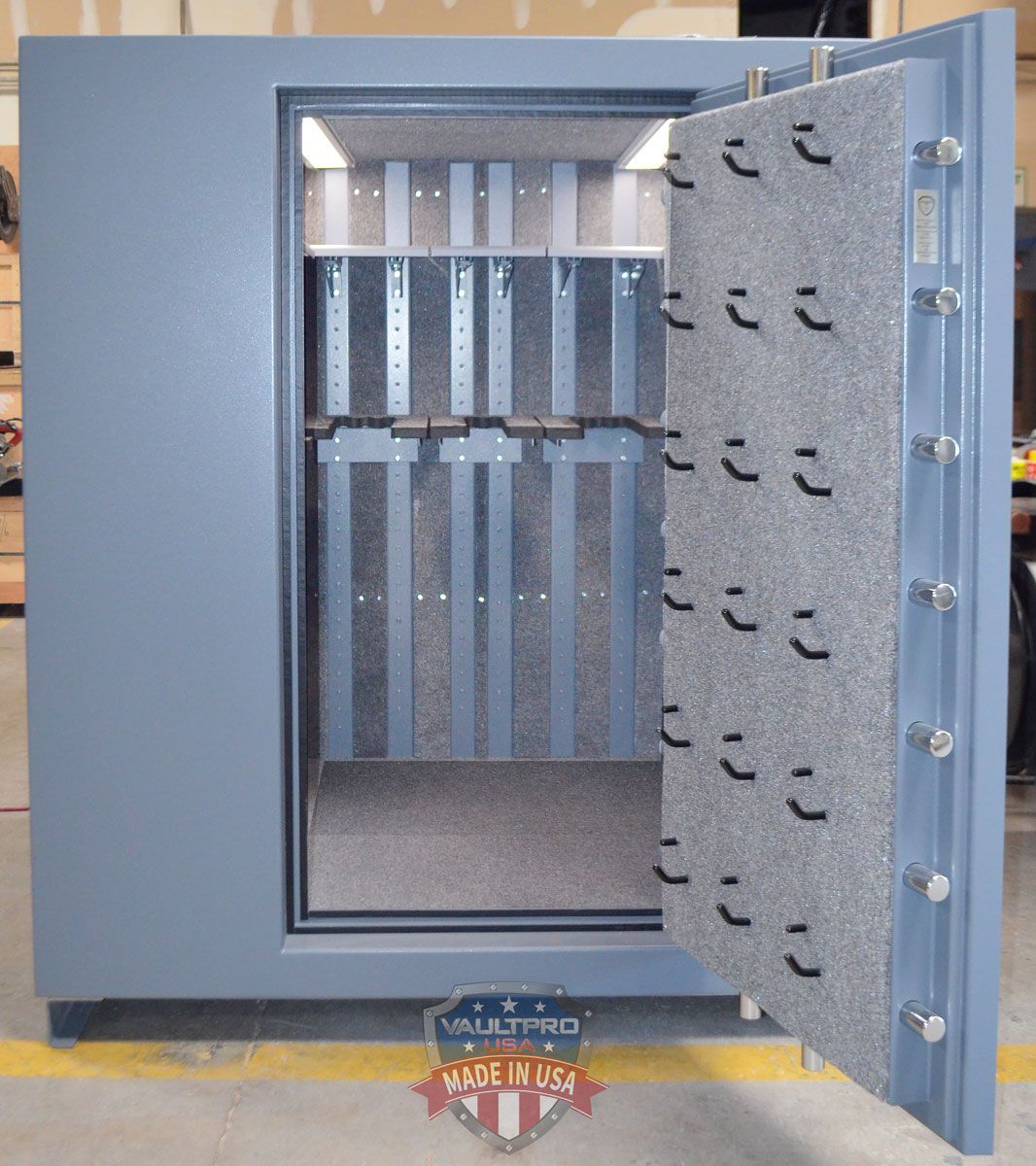 Gun safe with center position door for easy access to firearms.