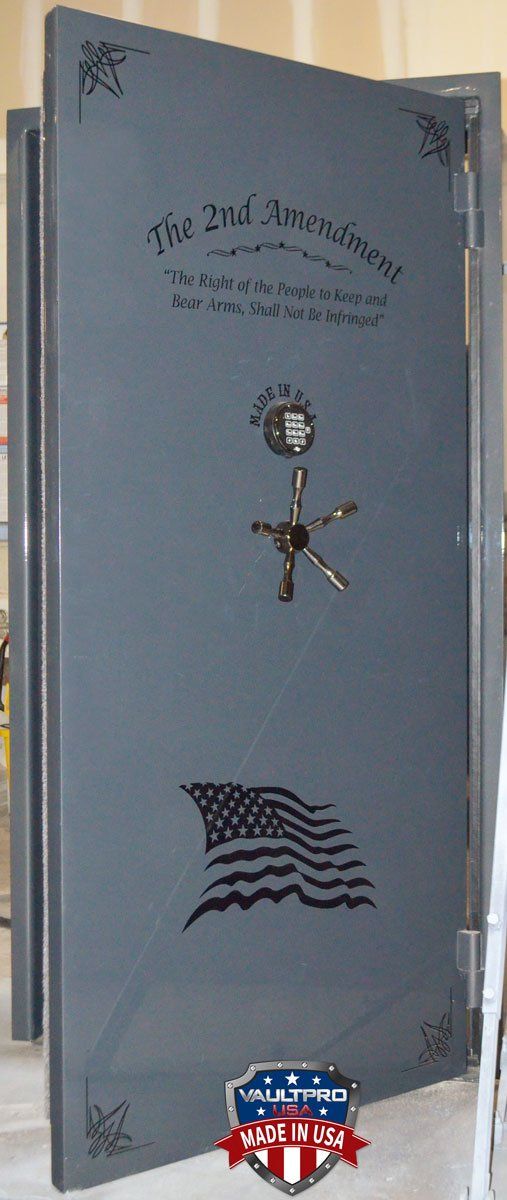 Elite model vault door in drak gloss gray finish, 2nd Amendment and American flag art on test stand for final inspection before packing and shipping.