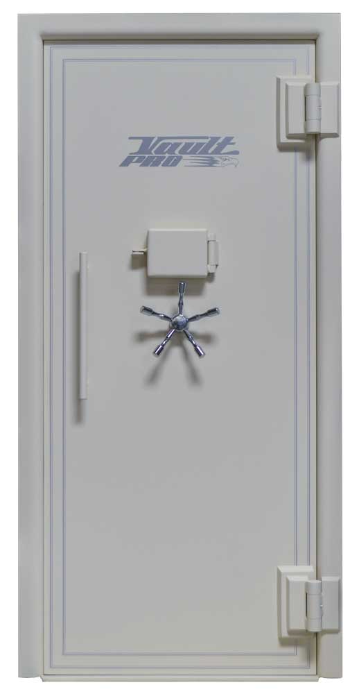 Vault door with lock box for keypad and pull handle.