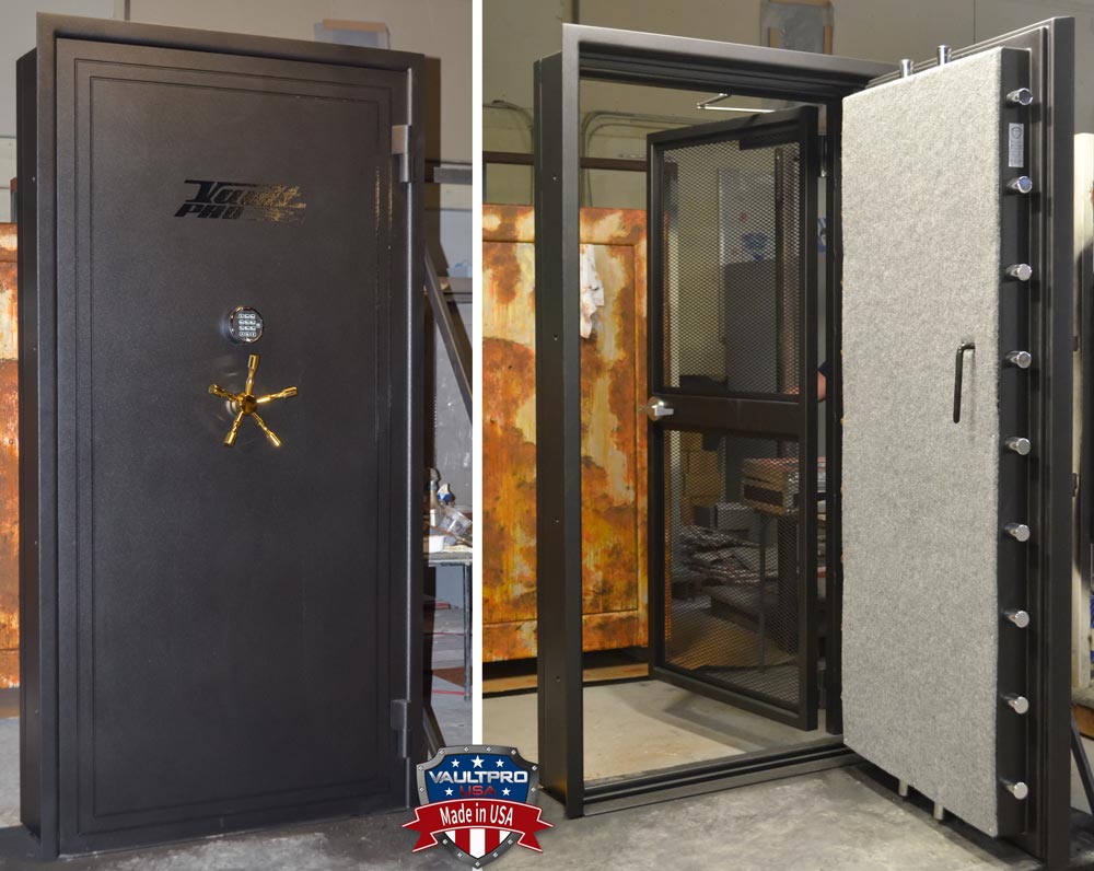 A vault door with a five prong wheel on it is open and closed