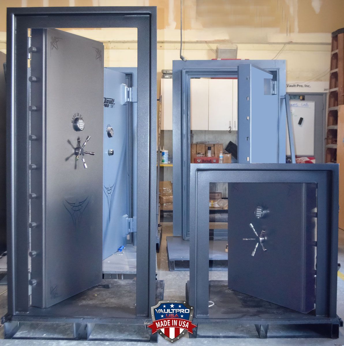 Image of vault door and emergency escape hatch door for safe room shelter installation. Made in America by Vault Pro USA