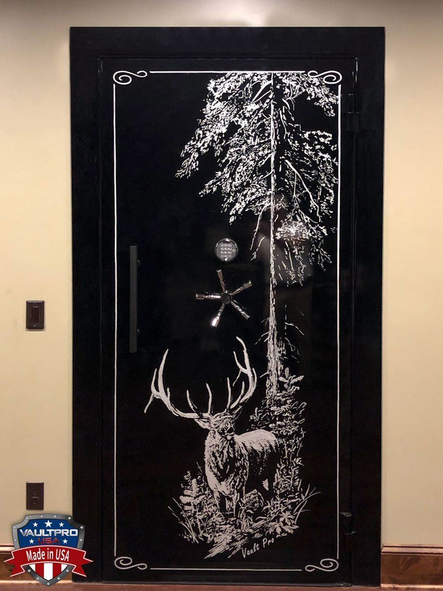 A black vault door with a picture of a deer on it