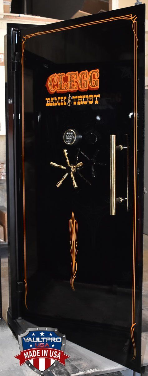 Professional Series vault door in gloss black with custom handpainted art and pinstripe.