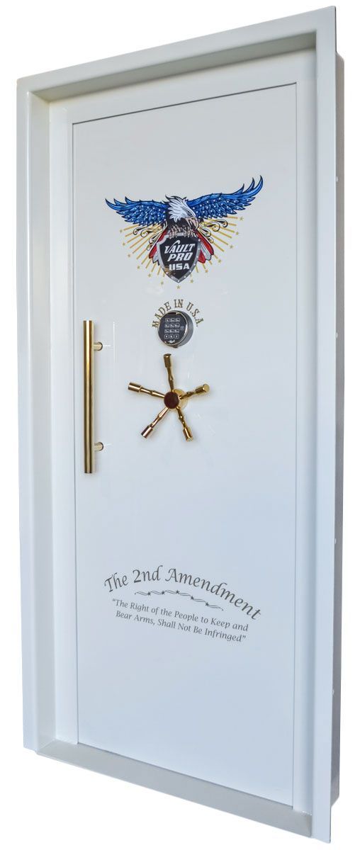 Executive model vault door, in-swinging with custom 2nd Amendment art, gloss white finish and gold trim.