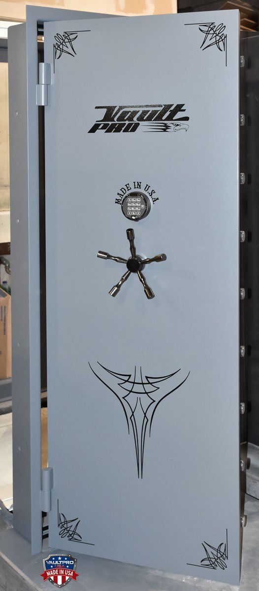 Elite Series vault door in gray finish with black pinstripe and matching hardware.
