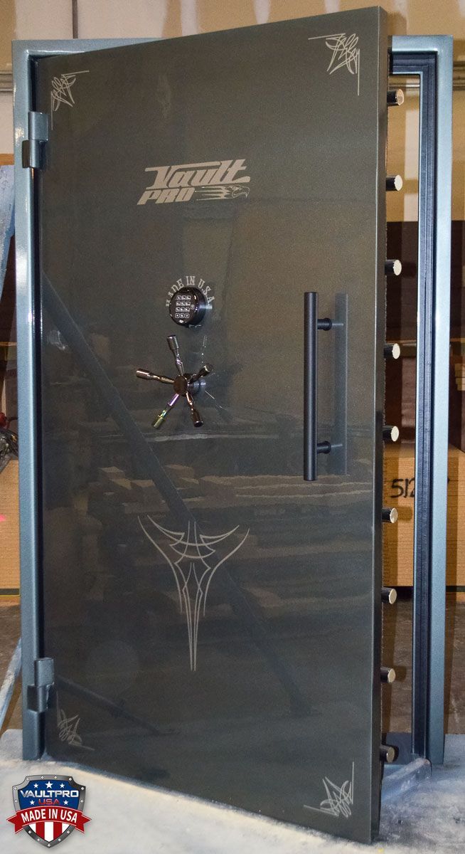 Elite series out-swing vault door finished in Anthracite gray gloss with mirror-like finish.