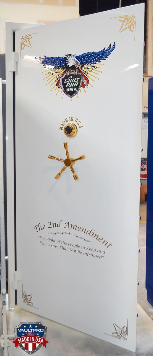 Image of American made vault door. Executive model vault door finished in optional premium dual stage Diamond White gloss.