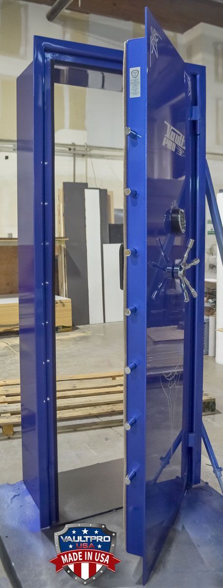 Professional model out-swinging vault door shown in optional gloss Electric Blue finish.