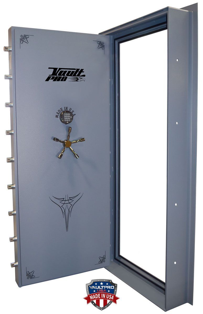In-swing option available on all Elite Series Vault Doors. Shown here in gray with black chrome and black trim.