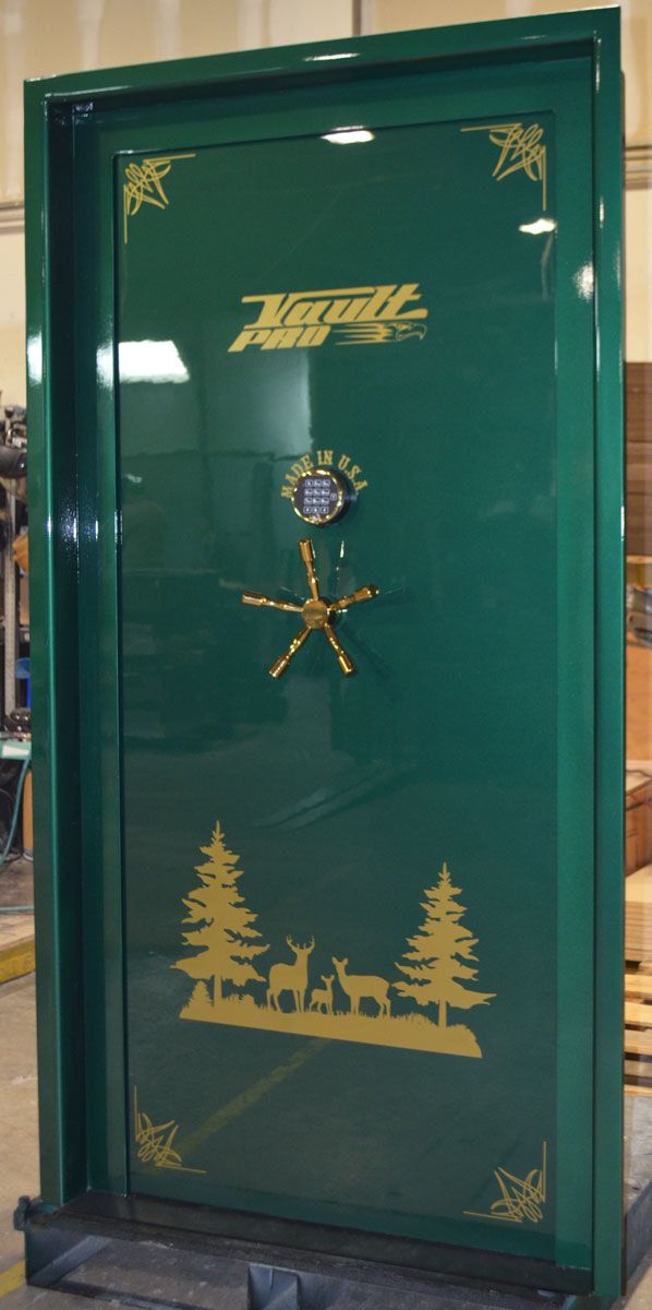 Professional model vault door finished in standard gloss meadow green. Customer suppled deer art added to personalize.