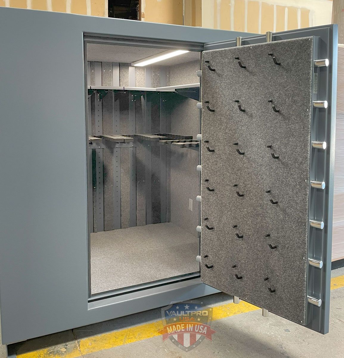 Heavy duty door features pistol peg door back for quick access to handguns. Steel pistol holders are coated to protect handguns.