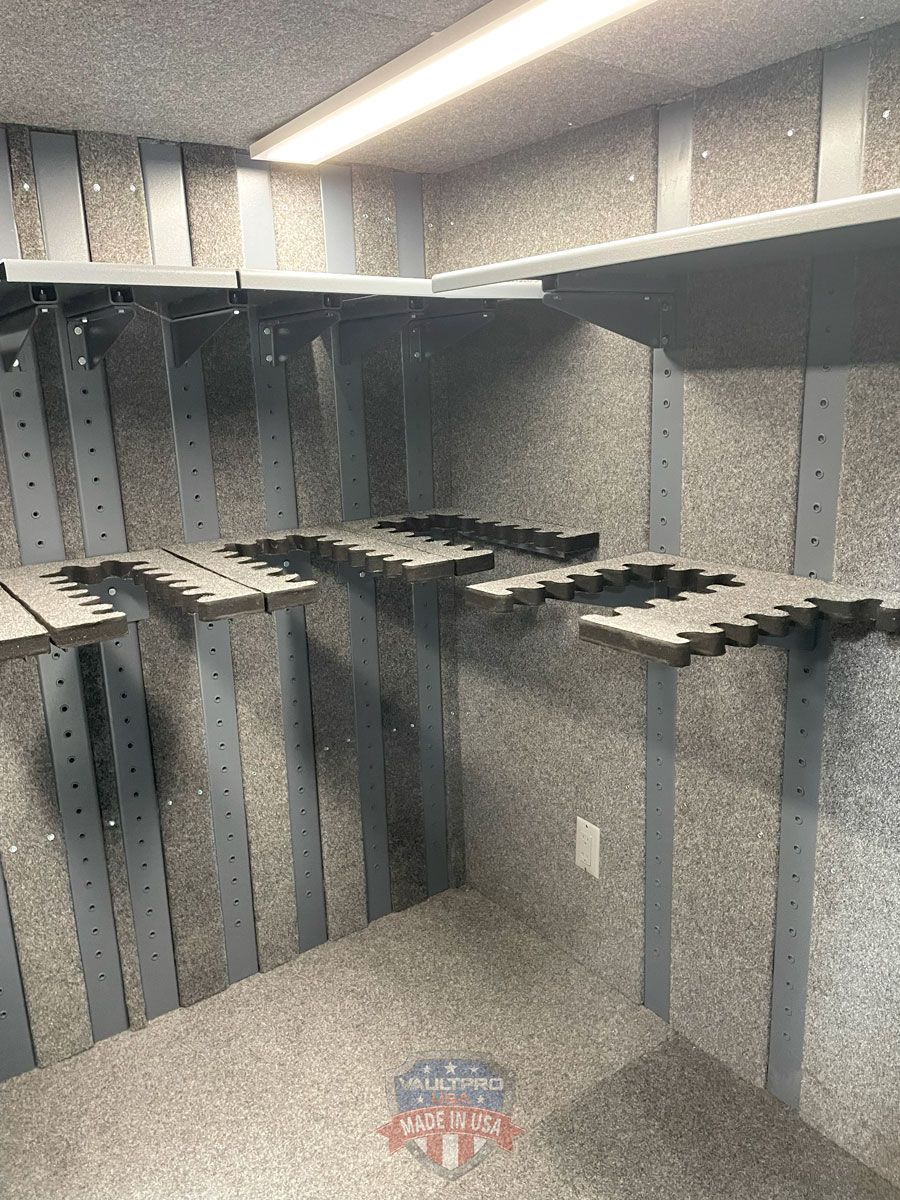 Heavy duty gun racks and shelves provide secure access to long guns without worry of guns hitting each other.