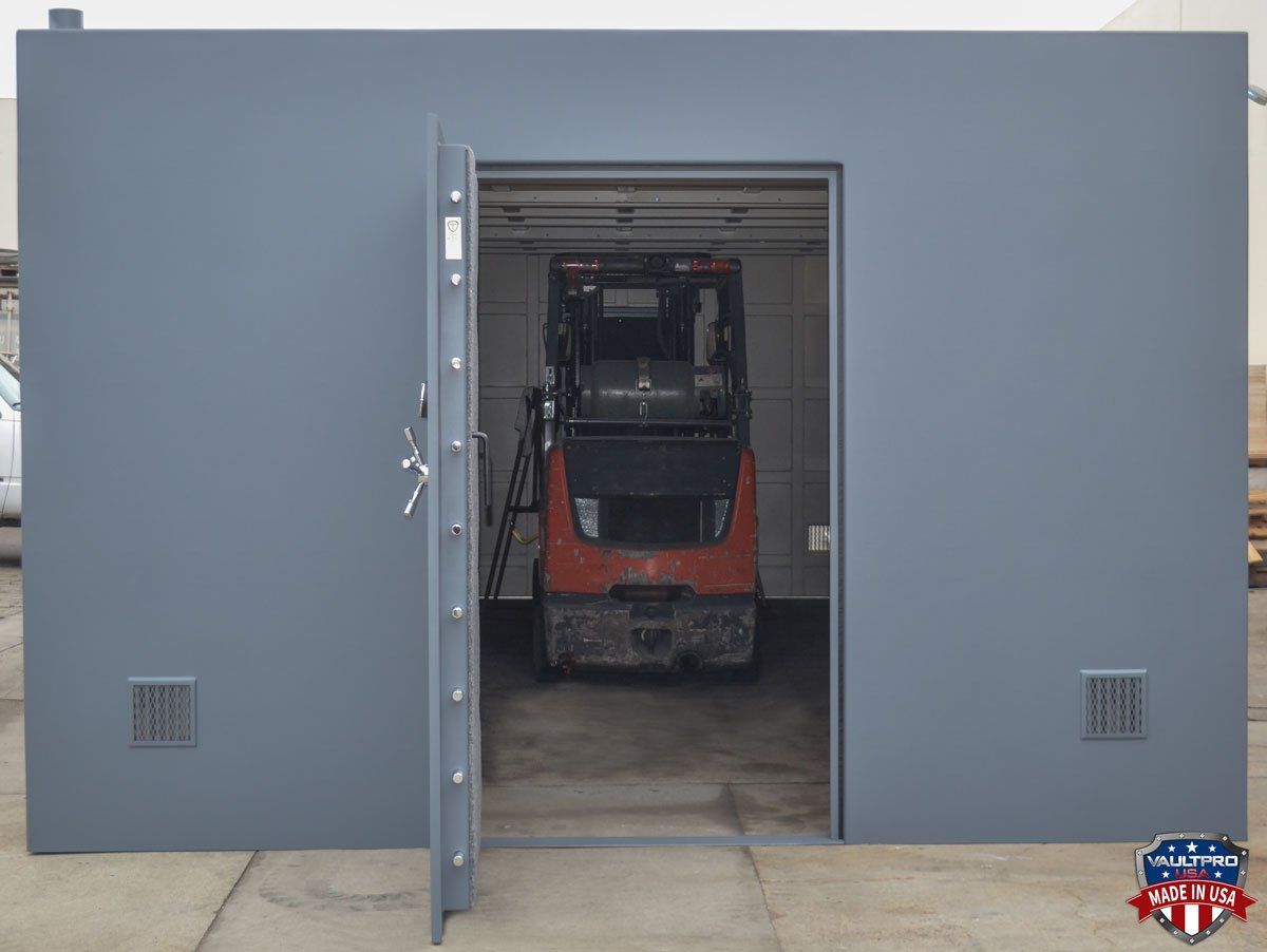 This walk-in vault room is fitted with two super wide heavy duty vault doors for easy access. Large enough to fit a forklift for moving palettes.