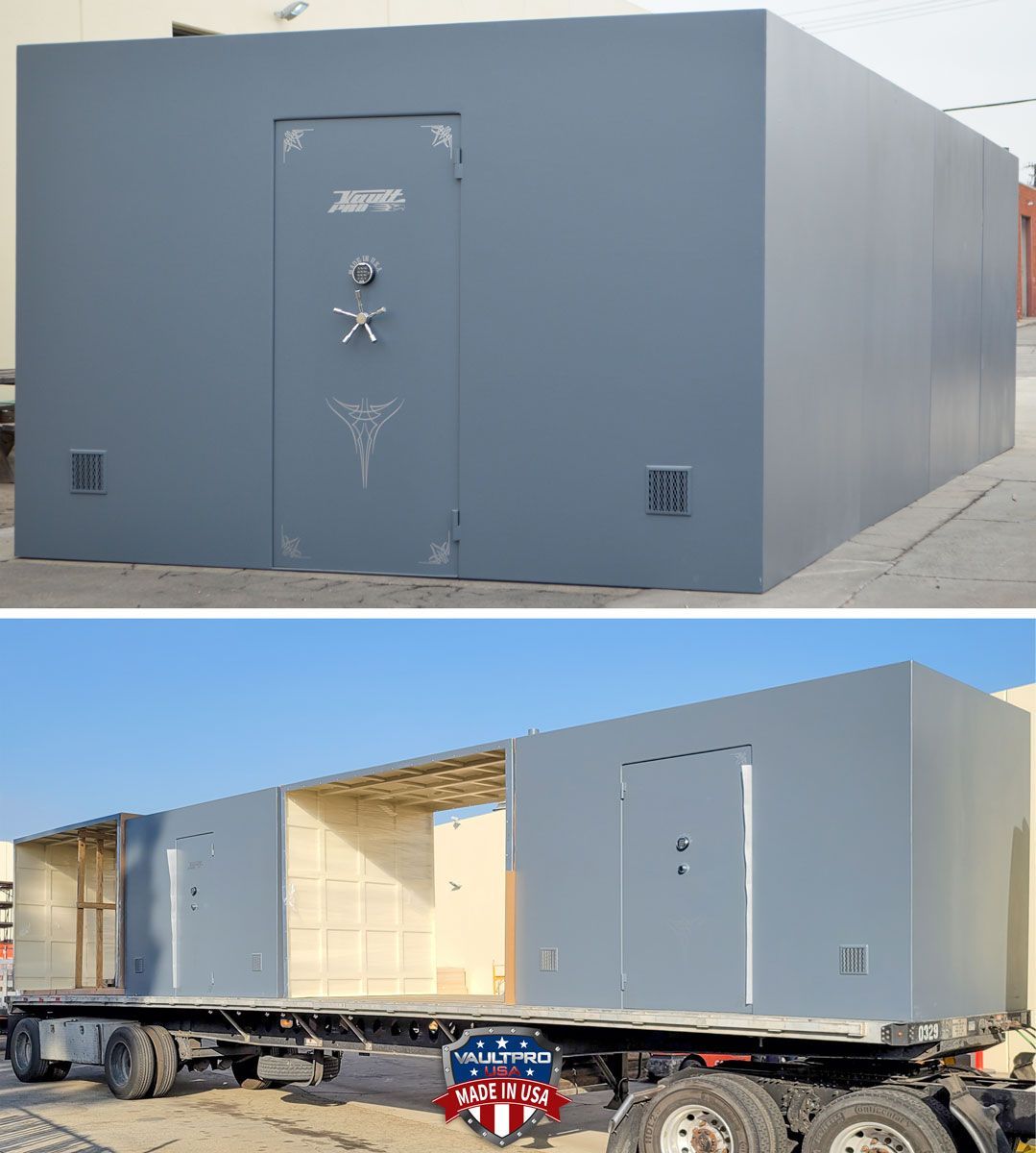 Image of super large shelter safe room made by Vault Pro USA being shipped by flatbed truck.