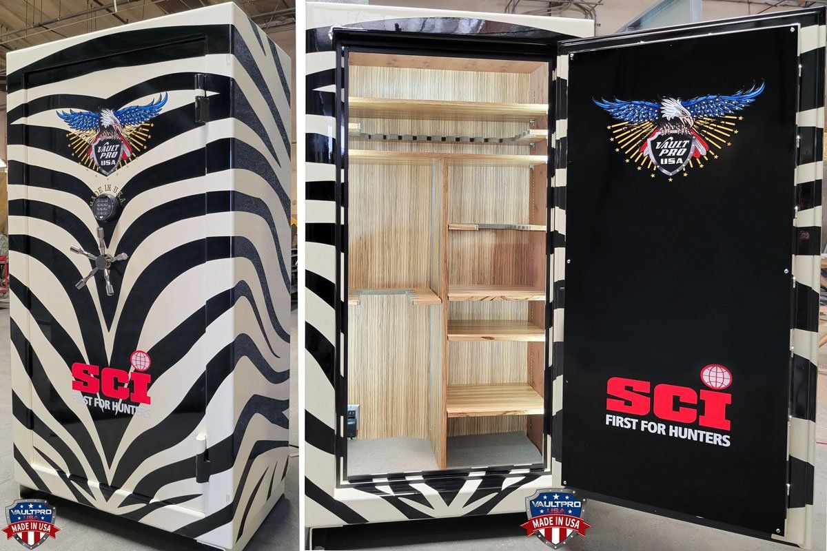 Custom safe with Zebra theme and Zebra wood interior
