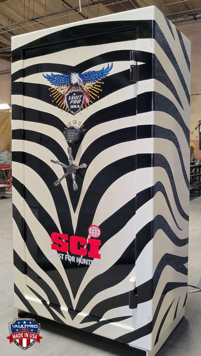 Custom safe with Zebra paint scheme exterior and custom zebra wood interior, made in USA by Vault Pro