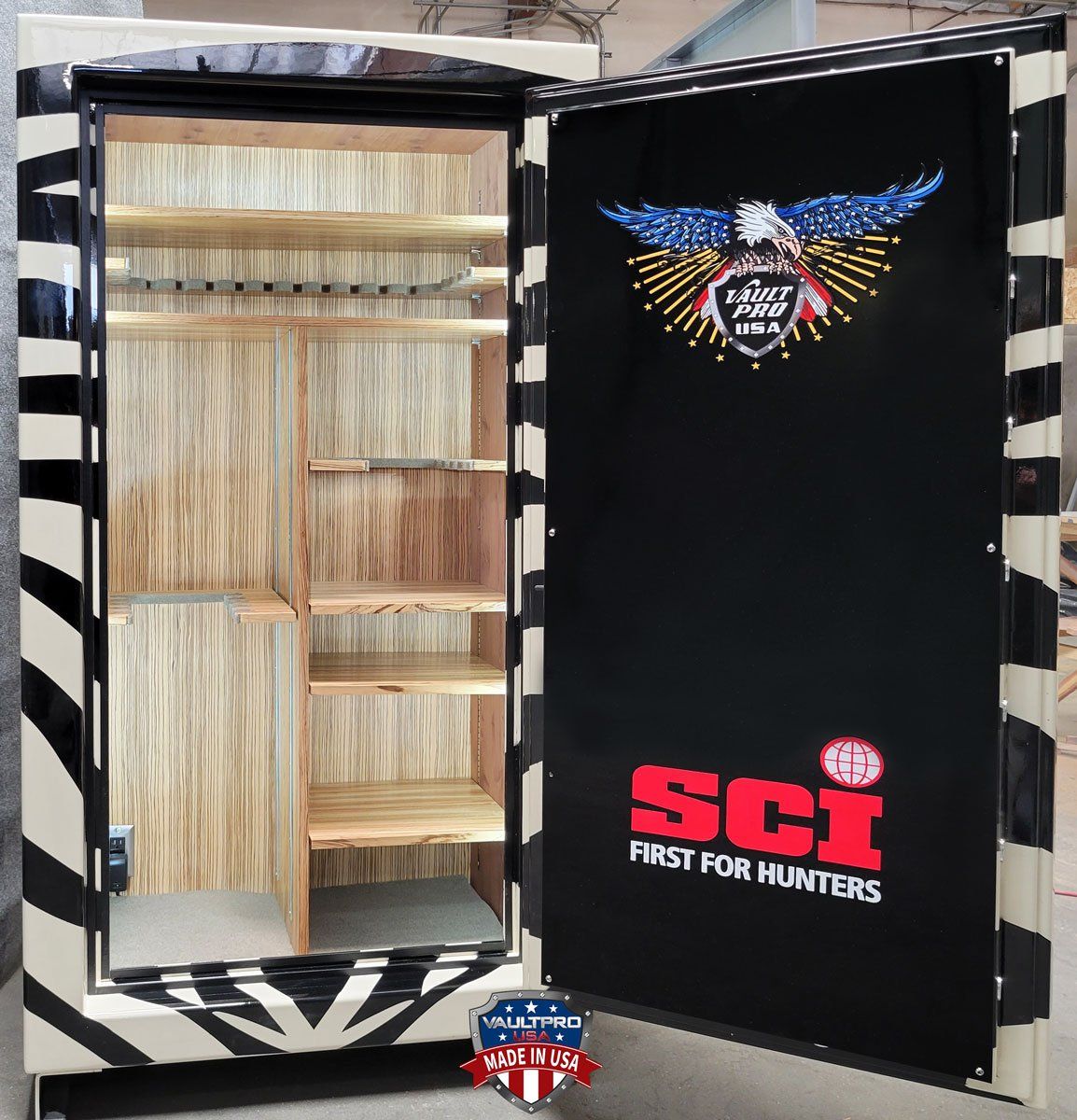 Custom safe with Zebra paint scheme exterior and custom zebra wood interior, made in USA by Vault Pro