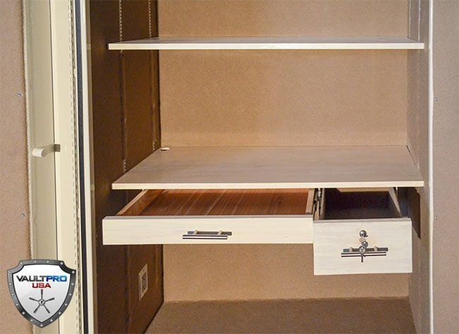 Stained White Birch adjustable shelving and desktop with cedar lined & trimmed keyboard drawer & steel safe drawer with keyed lock.