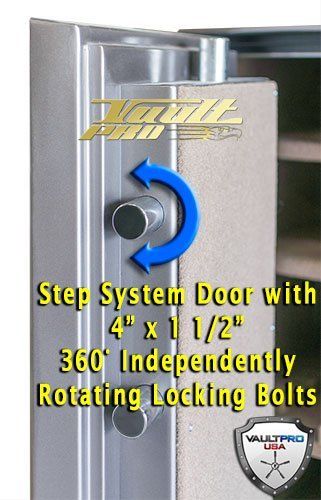 Step system safe door with fully rotating locking bolts and anti pry construction
