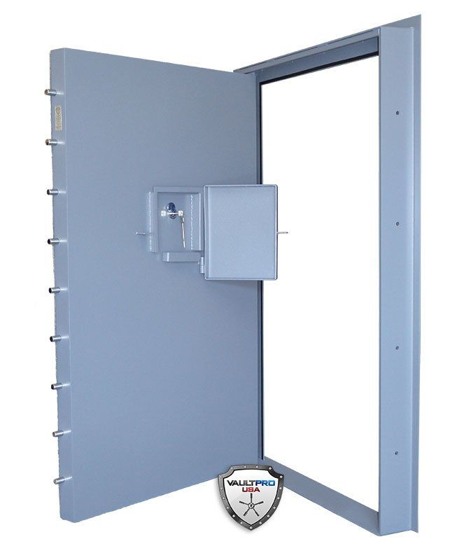 Exterior storm shelter vault door with heavy duty hinge system.