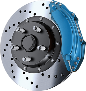 Blue brake caliper on a drilled, silver brake rotor.