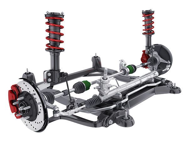 Car suspension system with red springs, brake calipers, and drive axles.