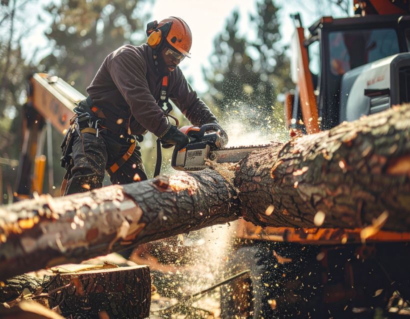 Lumberjack using a chainsaw to cut a log in a forest, wearing safety gear. A tractor is visible in the background.