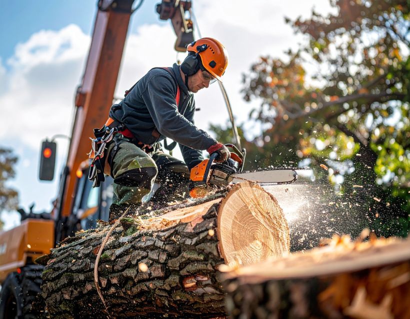 Arborist cutting log with chainsaw; wearing safety gear outdoors near an orange lift.