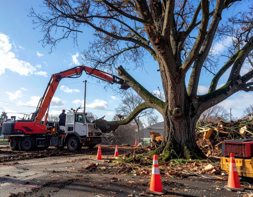 A tree being cut down by an orange excavator with a worker. Debris and traffic cones on the road.