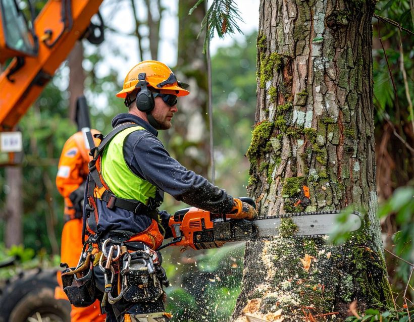 Arborist in safety gear using a chainsaw to cut a tree trunk outdoors.