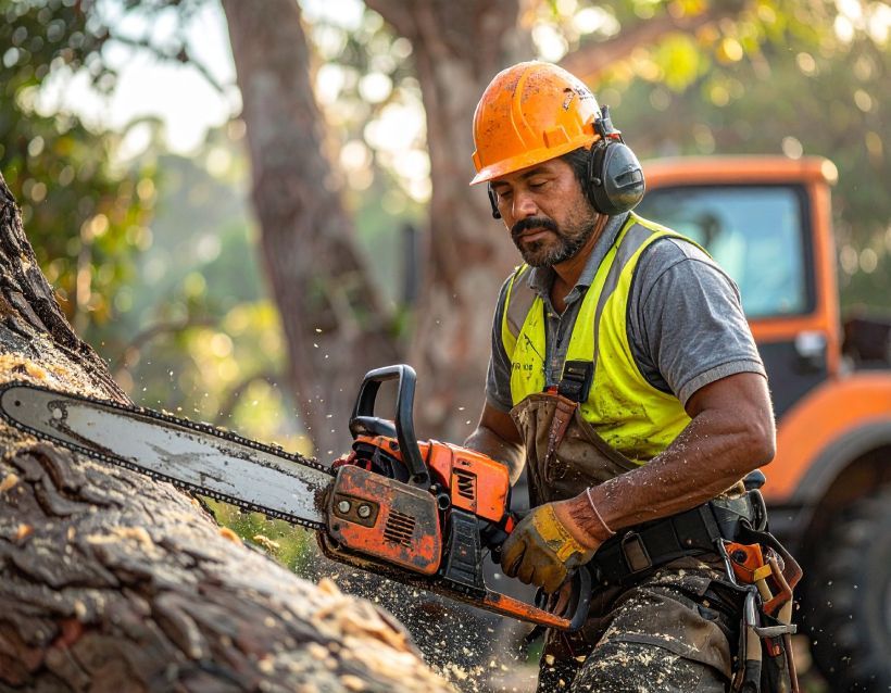 Arborist cutting a tree with a chainsaw, wearing a helmet, ear protection, and safety vest outdoors.