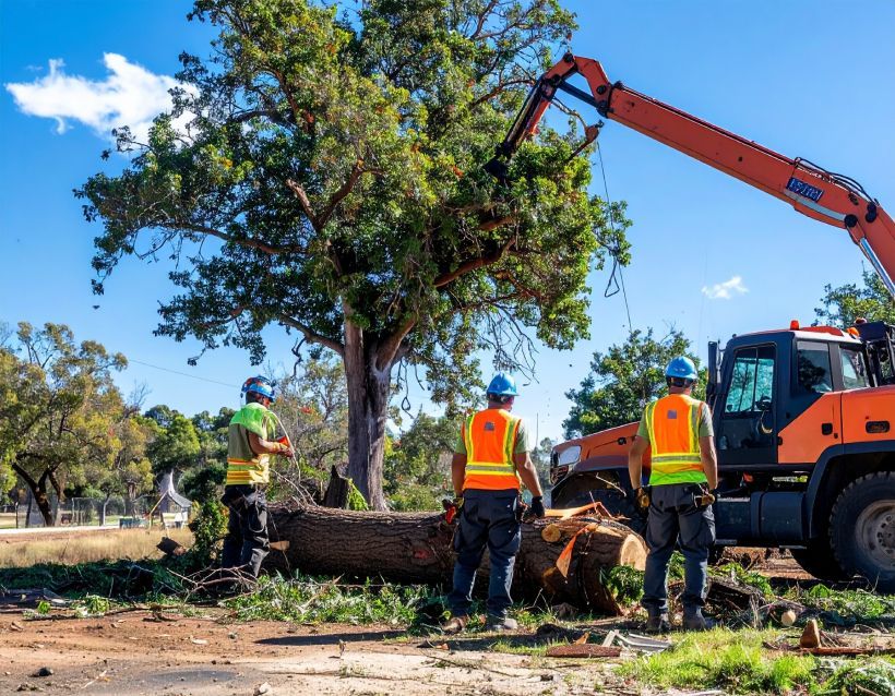 Tree removal crew with machinery cutting down a large tree outdoors under a bright blue sky.