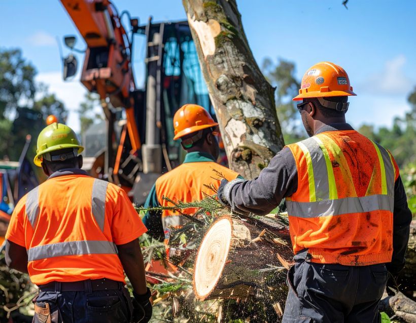Loggers in safety vests and hard hats cutting a tree with an excavator in the background.