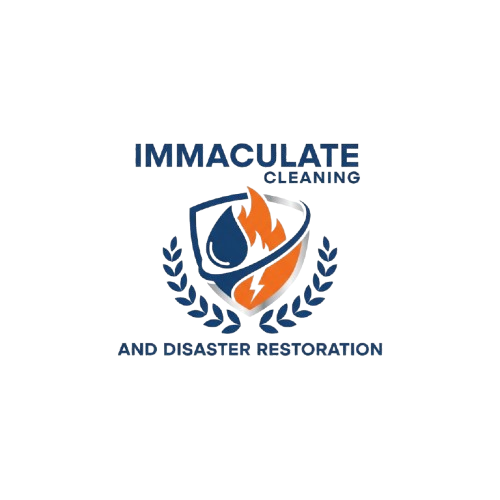 Logo for "Immaculate Cleaning and Disaster Restoration," featuring a shield with fire, water, and lightning.