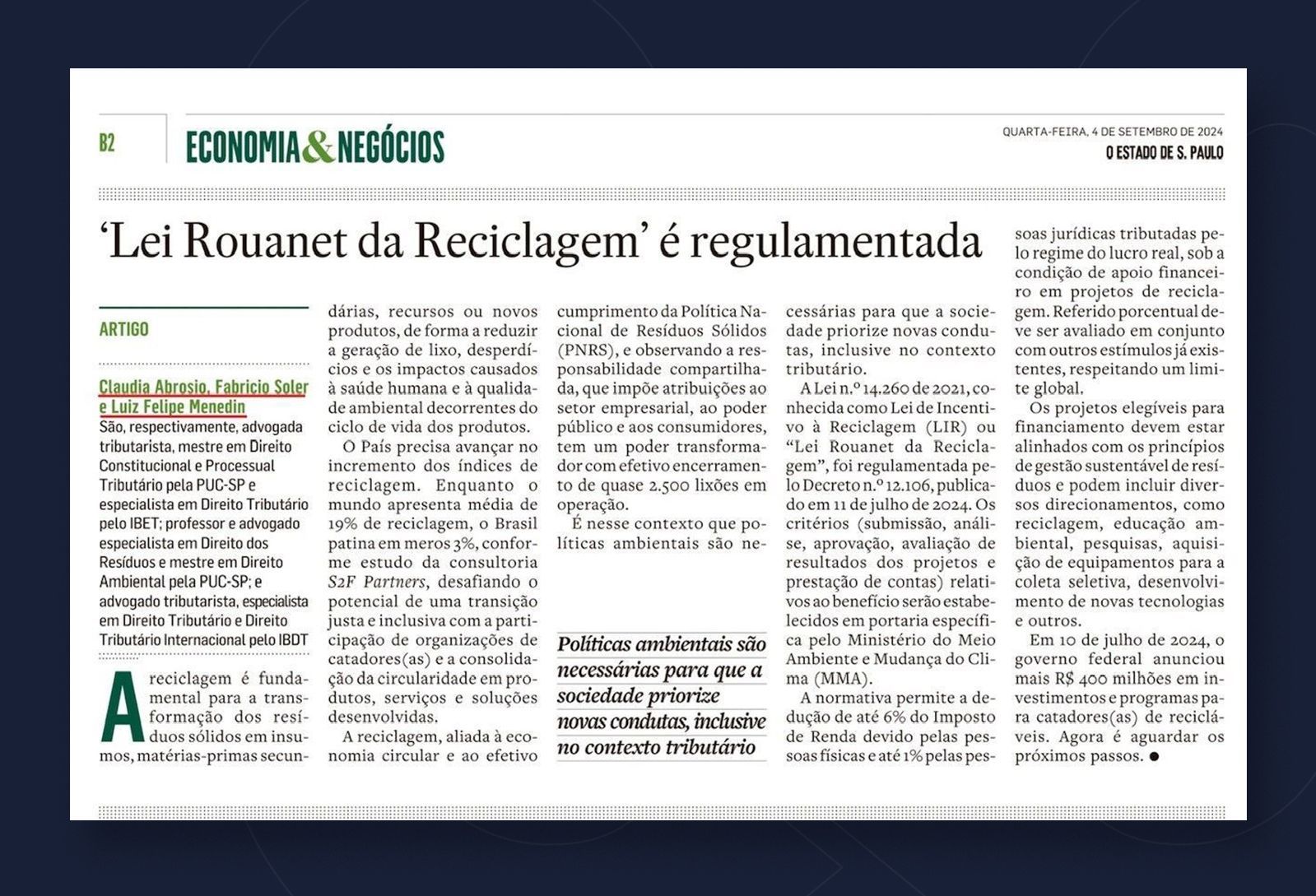 recorte matéria estadão sobre a lei de incentivo a reciclagem