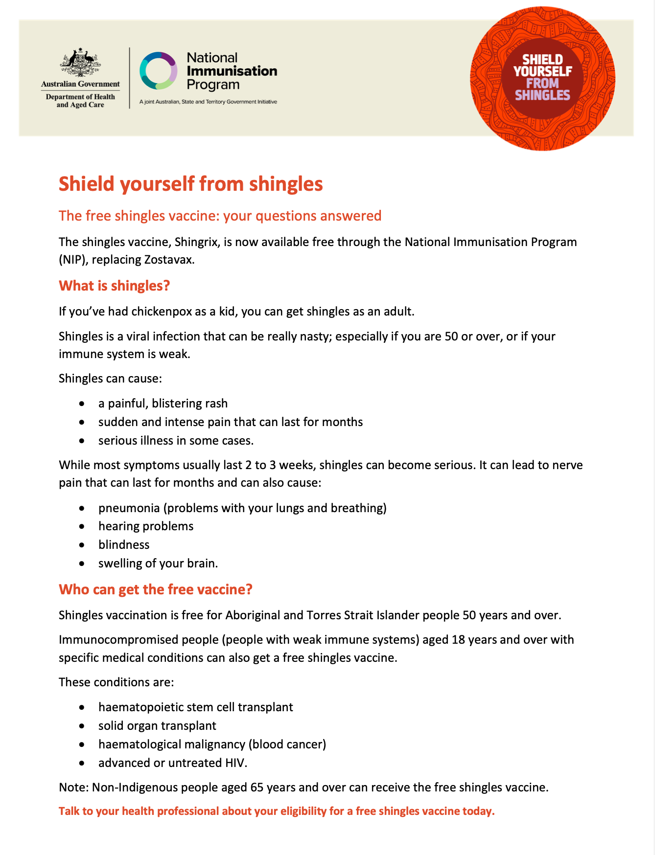 A white sheet of paper with a red circle on it that says `` shield yourself from shingles ''. — Aged Care in Tamworth, NSW