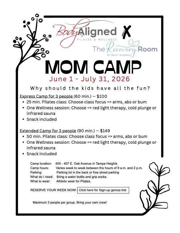 MOM CAMP flyer with black text and floral doodles, June 1–July 31, 2026, listing activities and prices