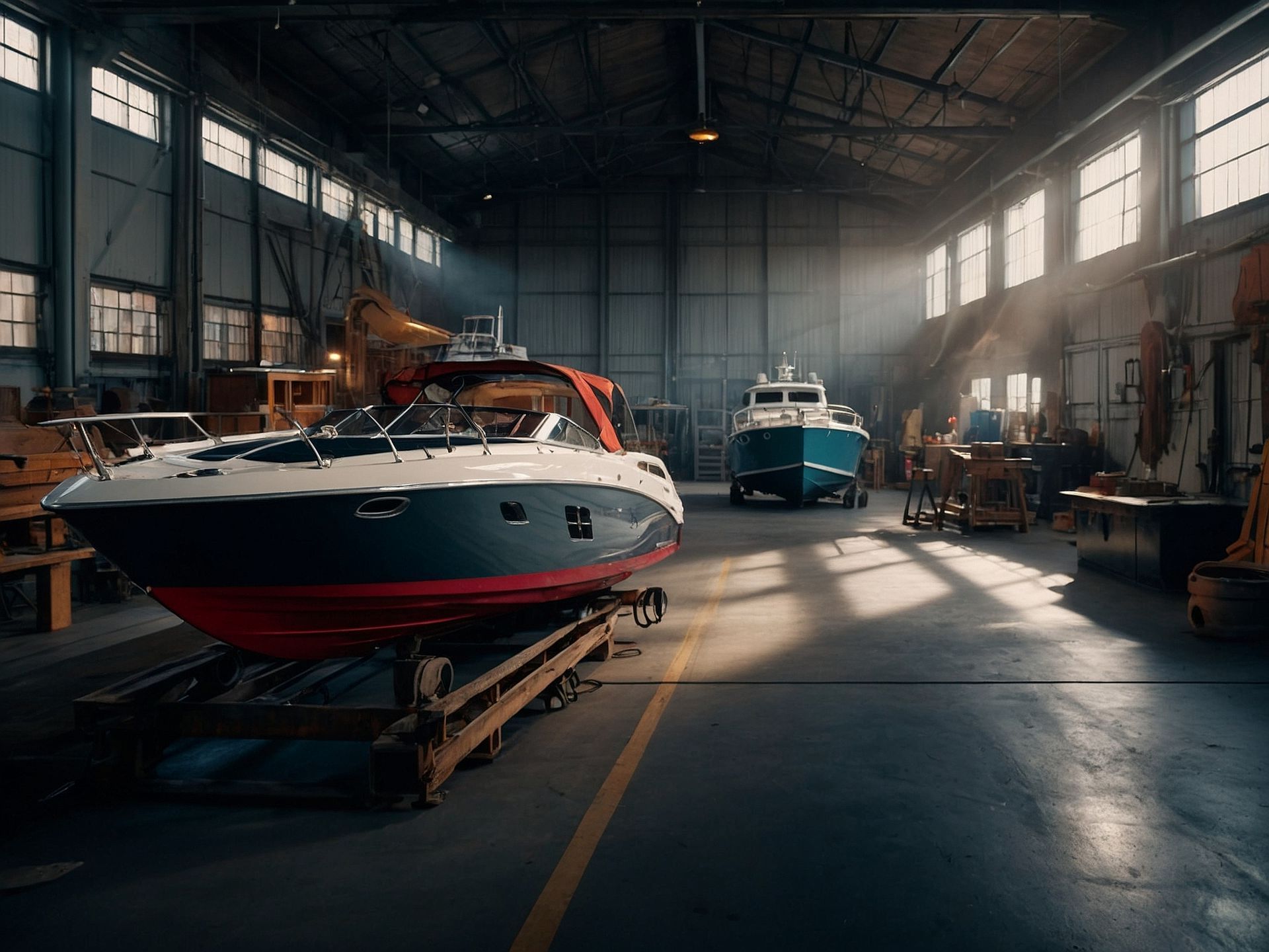 A boat is sitting in a warehouse with other boats.