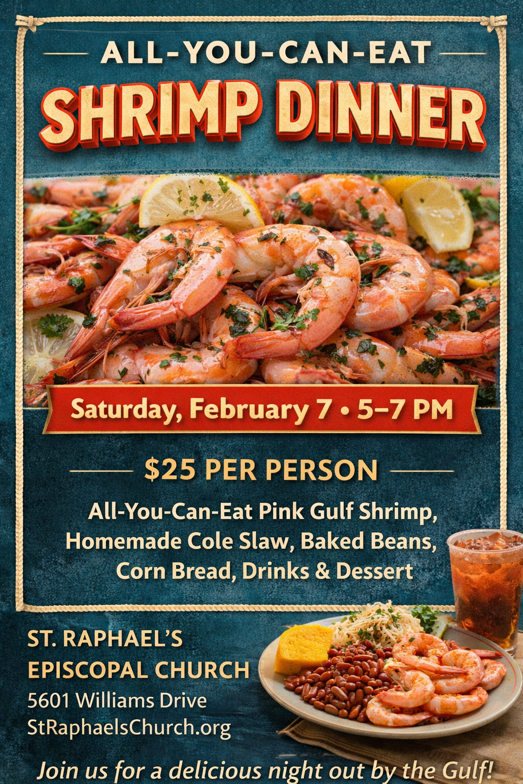 Upcoming events: Jimmy Keys, Shrimp Dinner, and Blessing of the Fleet. Includes dates and times.