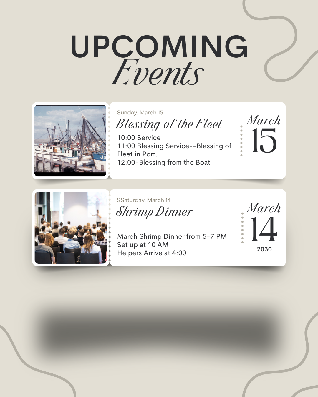 Upcoming events: Jimmy Keys, Shrimp Dinner, and Blessing of the Fleet. Includes dates and times.