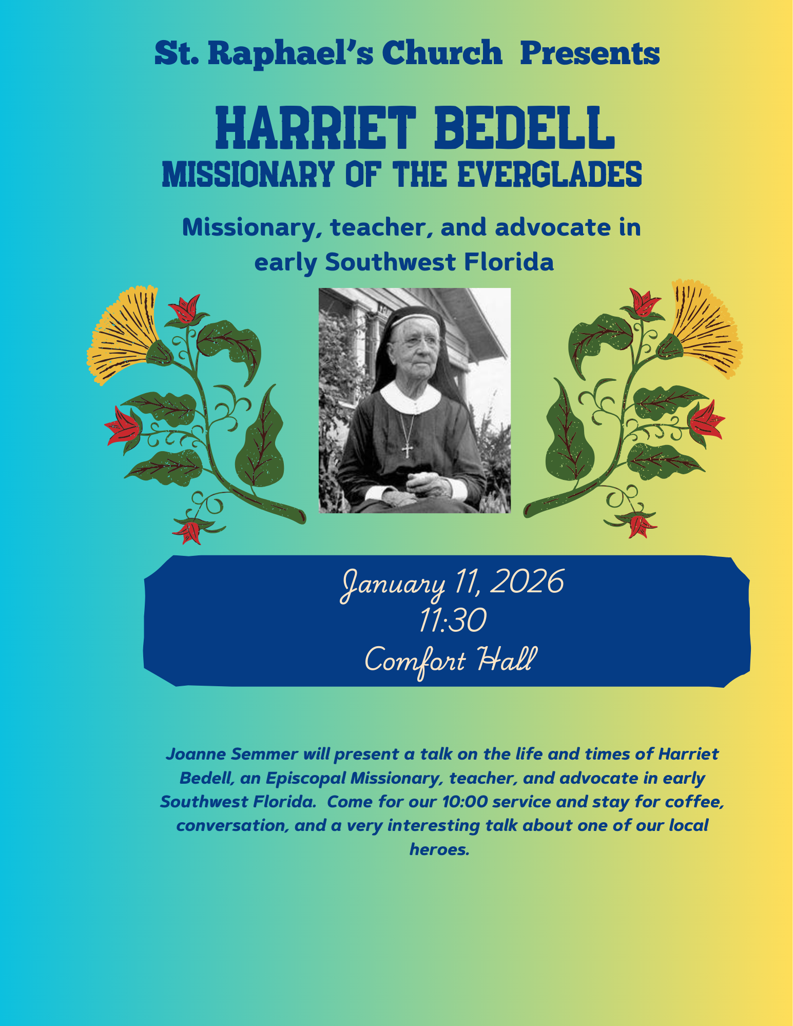 Poster for St. Raphael's Church about Harriet Bedell, 