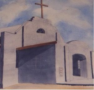 A painting of a church with a cross on top