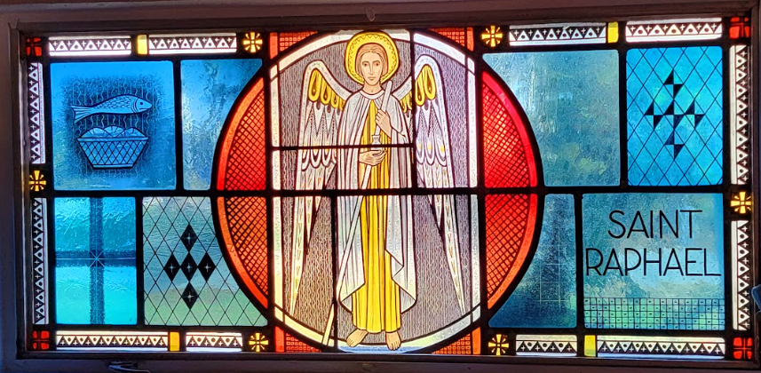Stained glass window of Saint Raphael the Archangel. Angel with wings in a circle. Text: Saint Raphael.