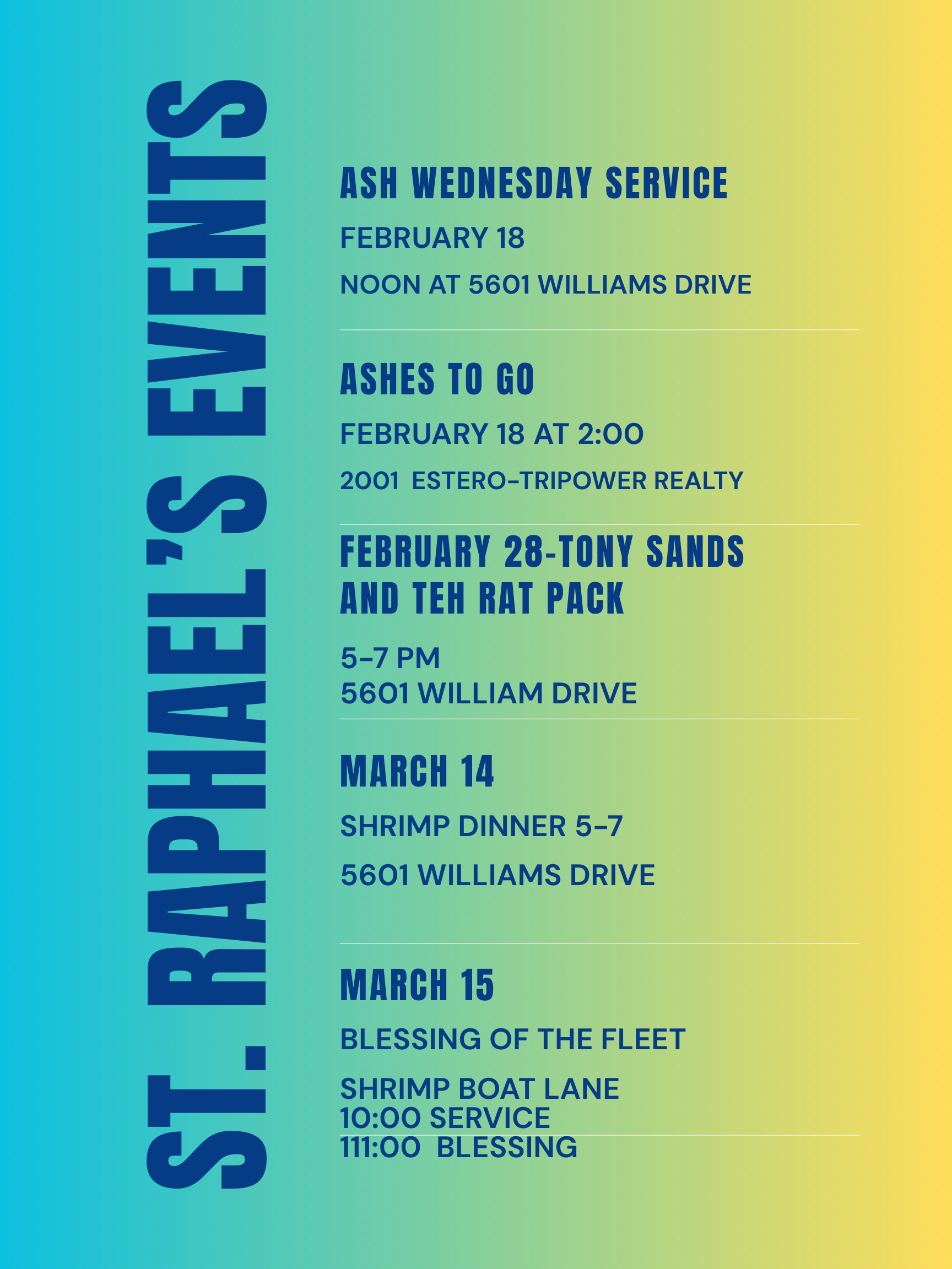 Upcoming events: Jimmy Keys, Shrimp Dinner, and Blessing of the Fleet. Includes dates and times.