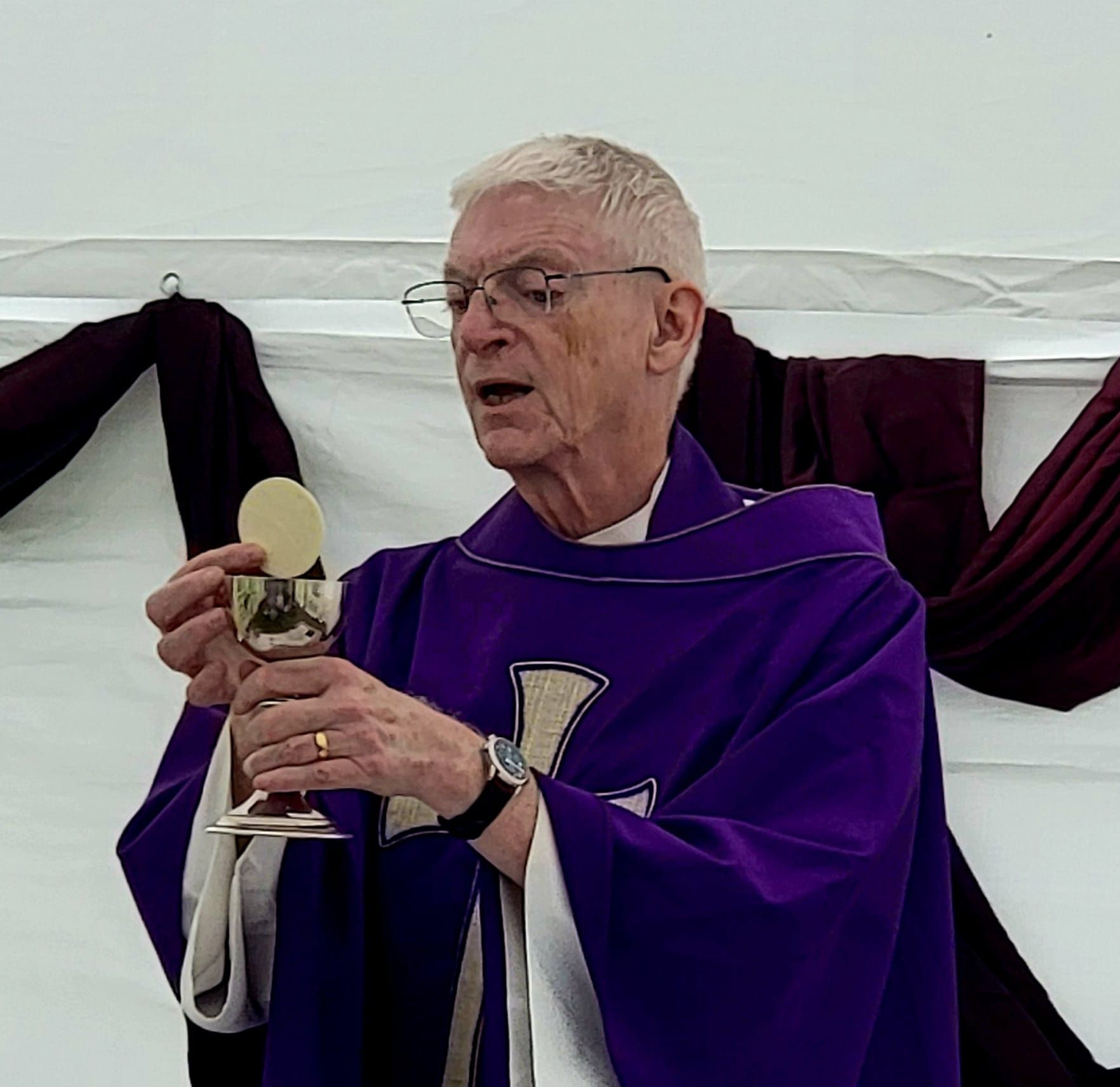A man in a purple robe is holding a chalice