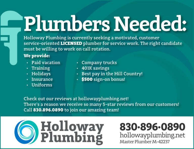 An advertisement for holloway plumbing says plumbers needed