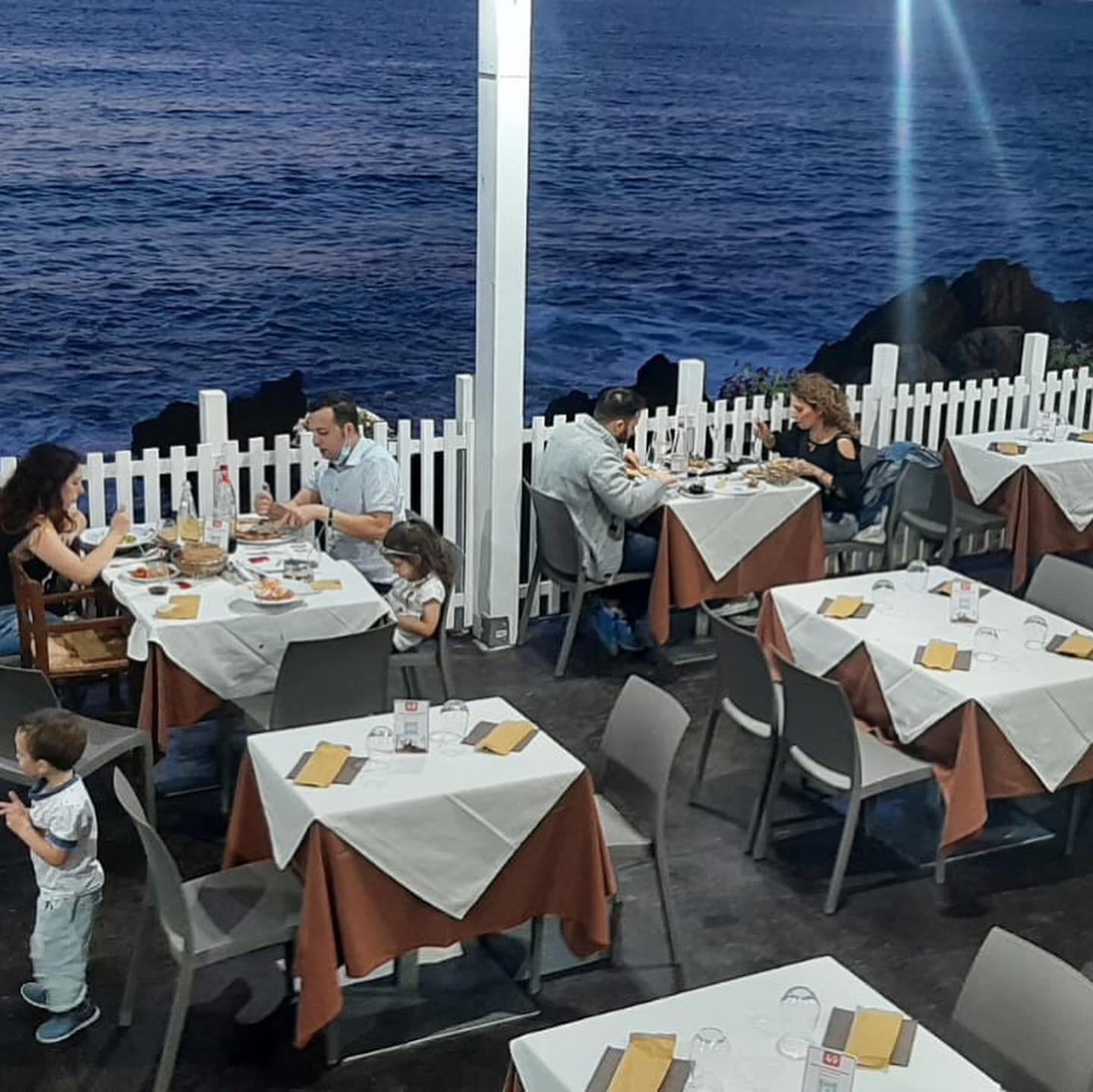 outdoor restaurant tables seen from above