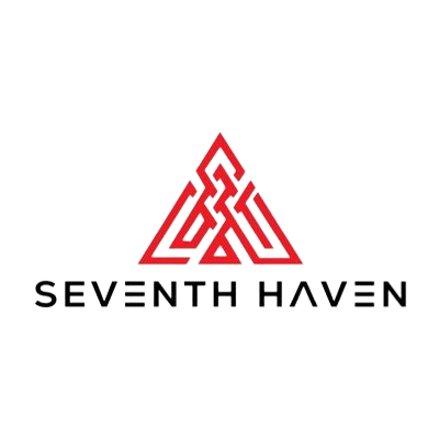 The logo for seventh haven is a red triangle with a celtic knot in the middle.