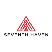 The logo for seventh haven is a red triangle with a celtic knot in the middle.
