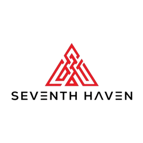 The logo for seventh haven is a red triangle with a celtic knot in the middle.